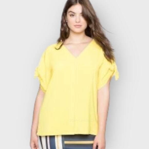 Eloquii Yellow V Neck Top 20 Short Sleeve Tie Detail Button Feminine Boho Look - Picture 4 of 9